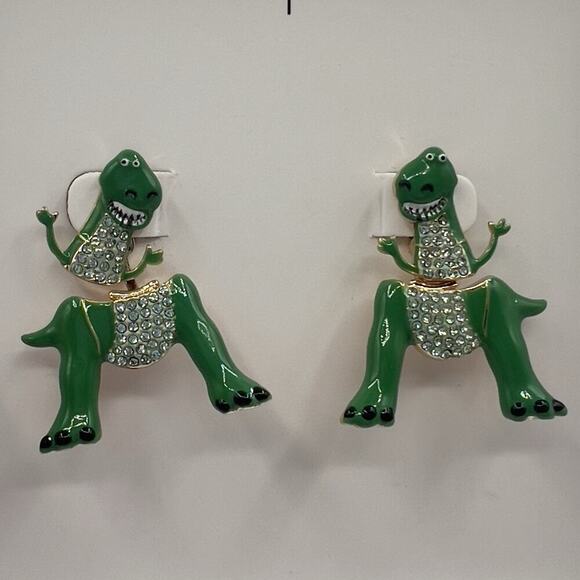 Disney Pixar BaubleBar Toy Story Rex Dinosaur Earrings Green Crystal Drop - Picture 3 of 5